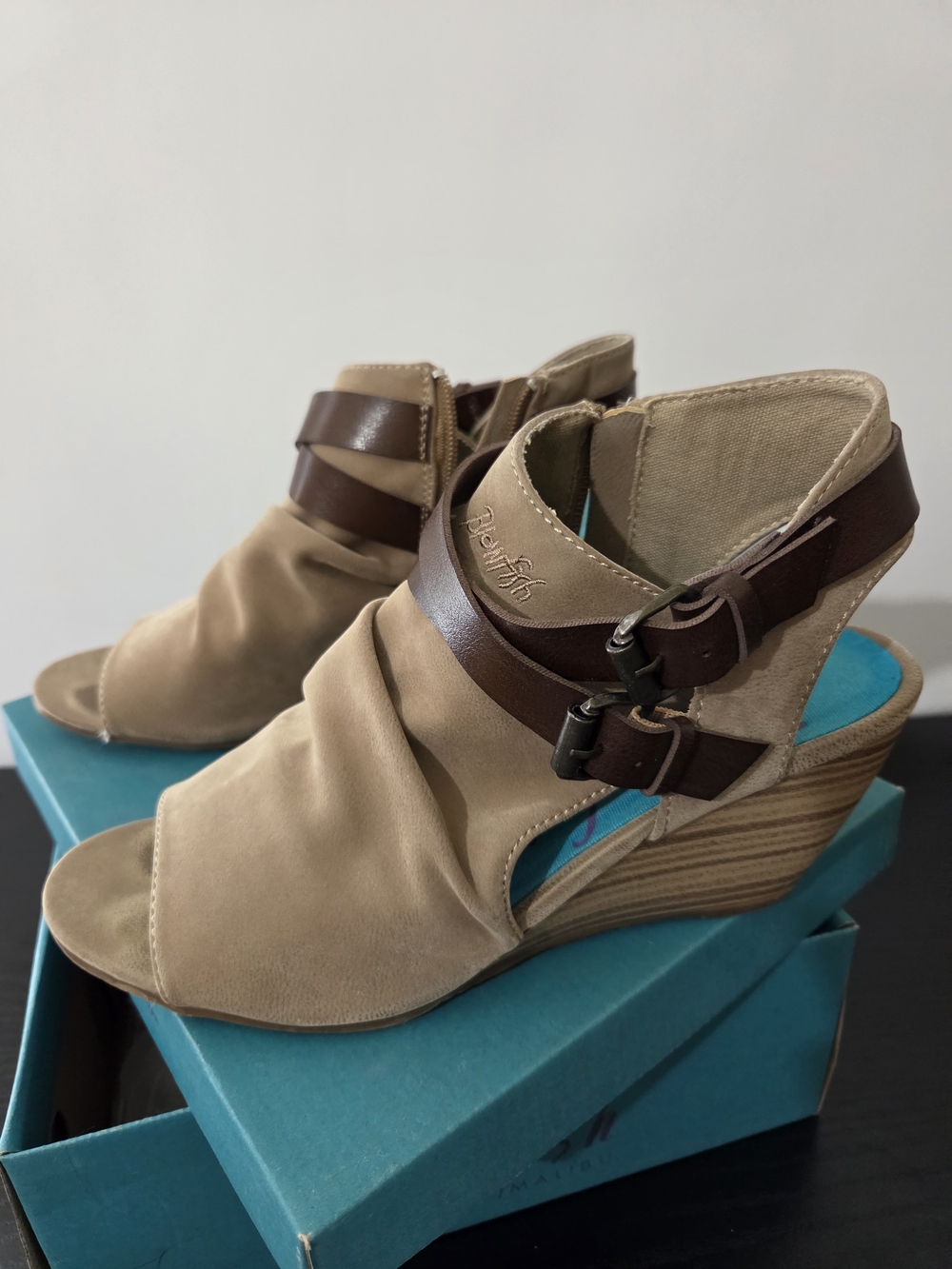 Beige and Brown Peep-Toe Wedge Sandals - Blowfish
